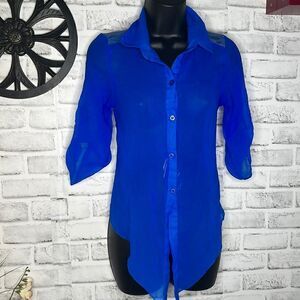 Wet Seal COBALT BLUE Tie Front Sheer Blouse Top Shirt Size XS